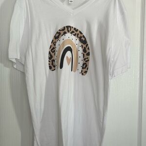 White T-Shirt with Leopard Rainbow Design